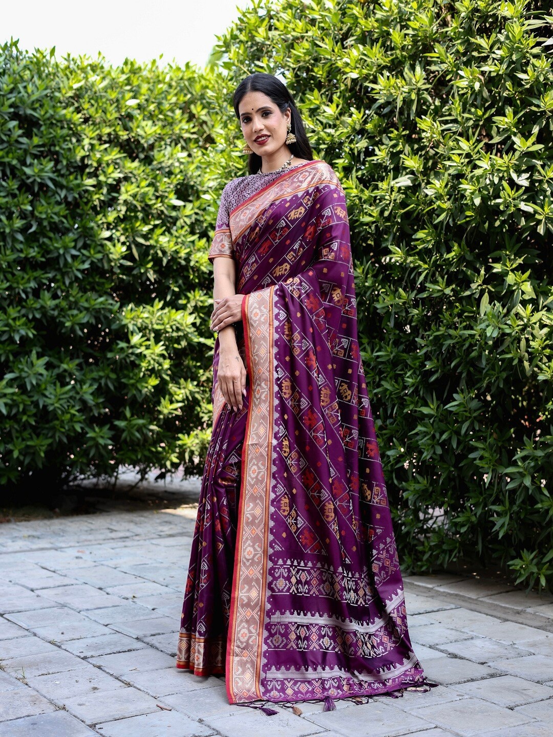 

SHIVAARYA Woven Design Zari Silk Blend Patola Saree, Purple