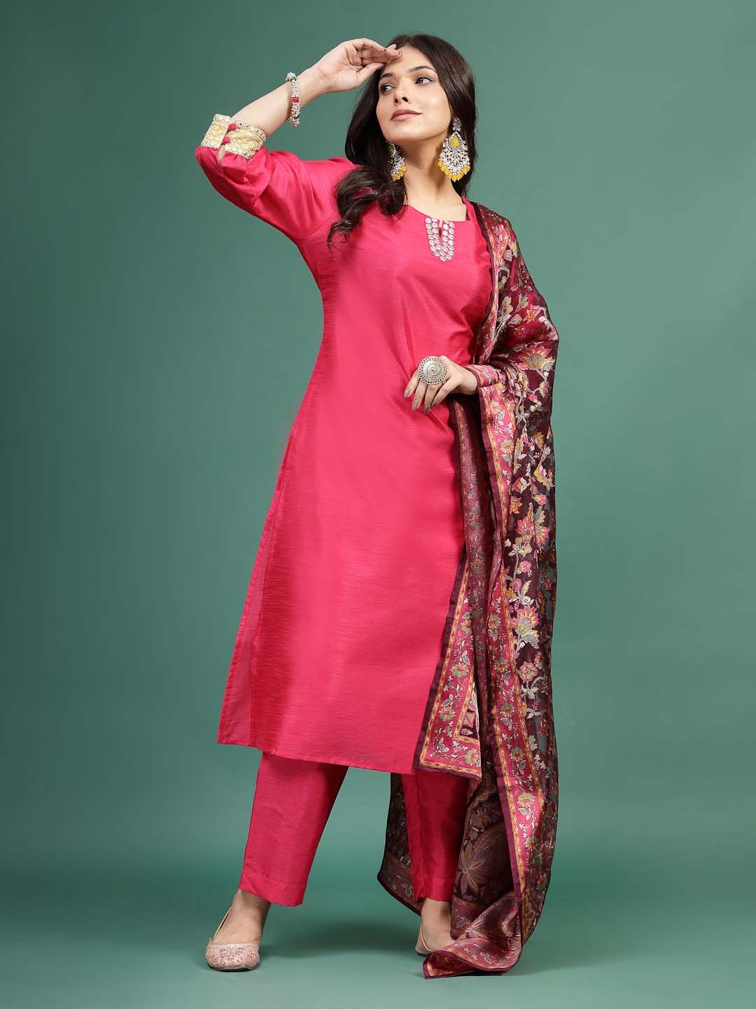 

Sangria Yoke Embroidered Straight Kurta & Trousers With Dupatta, Pink