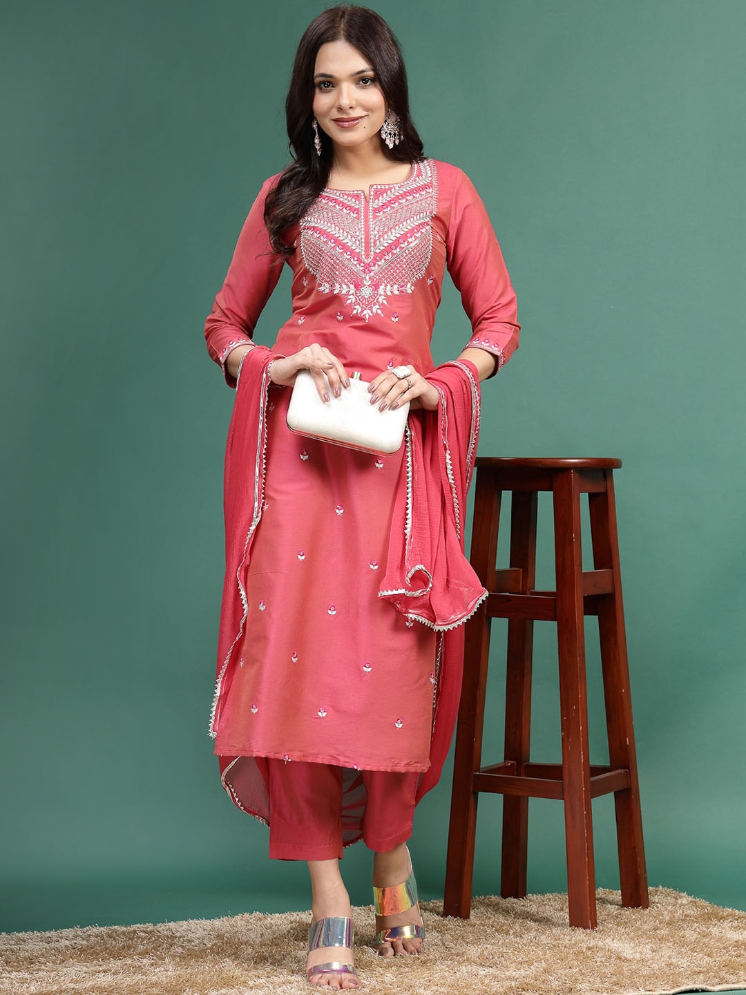 

Sangria Floral Embroidered Round Neck Straight Kurta & Trousers With Dupatta, Peach