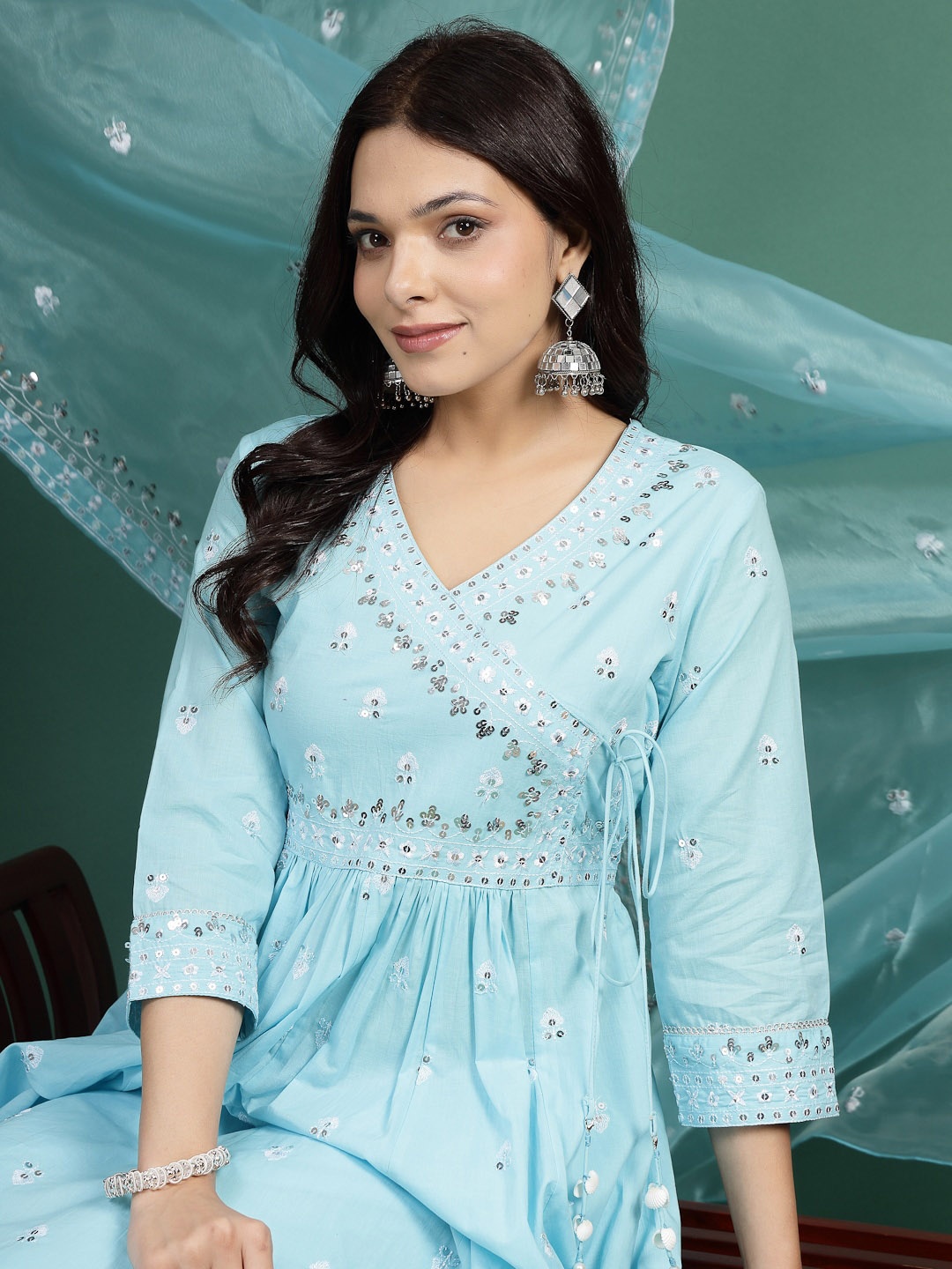 

Sangria Turquoise Blue Floral Embroidered Sequinned Anarkali Kurta & Trousers With Dupatta