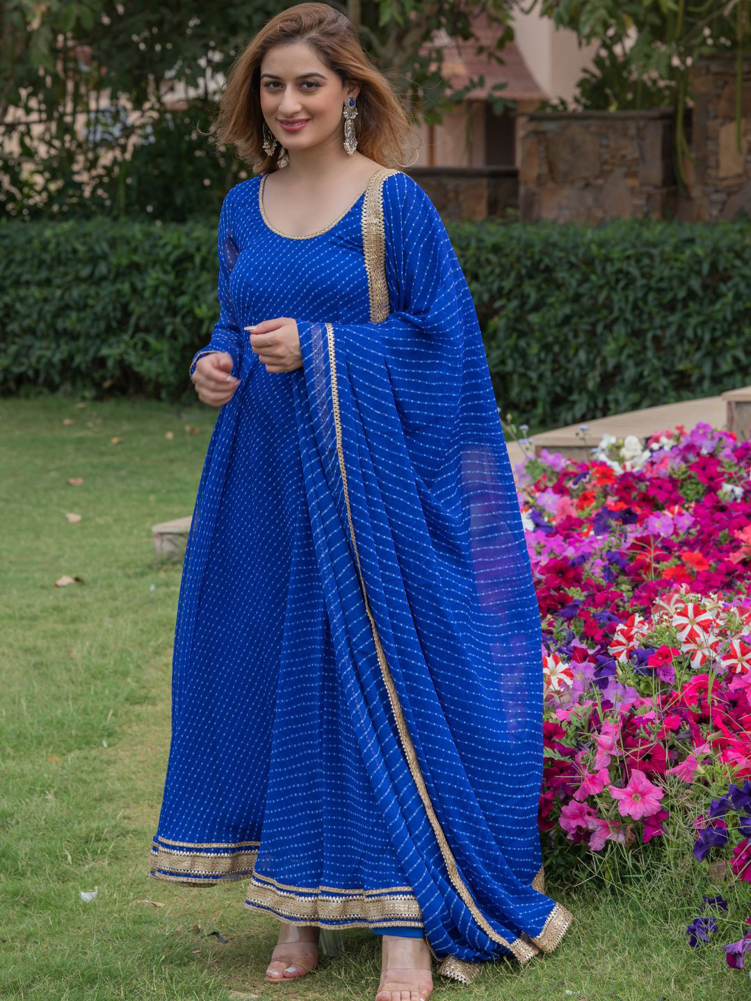 

HOUSE OF JAMOTI Striped Printed Tiered Gotta Patti Kurta with Trousers & Dupatta, Blue