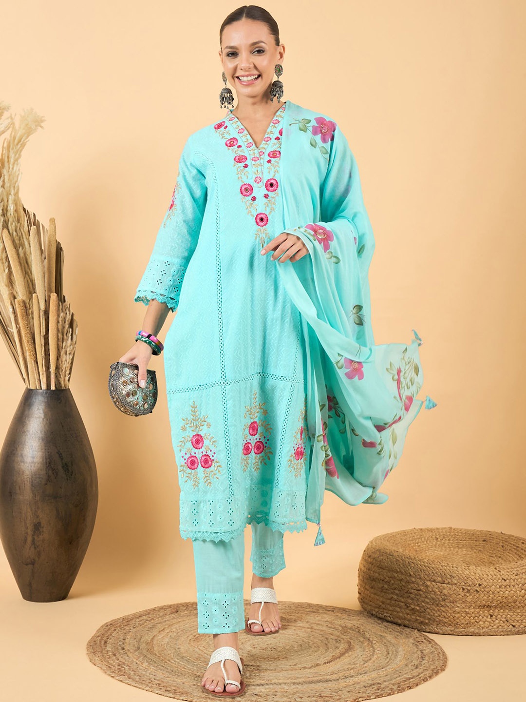 

Anouk Floral Embroidered Straight Mirror Work Pure Cotton Kurta with Trousers & Dupatta, Turquoise blue