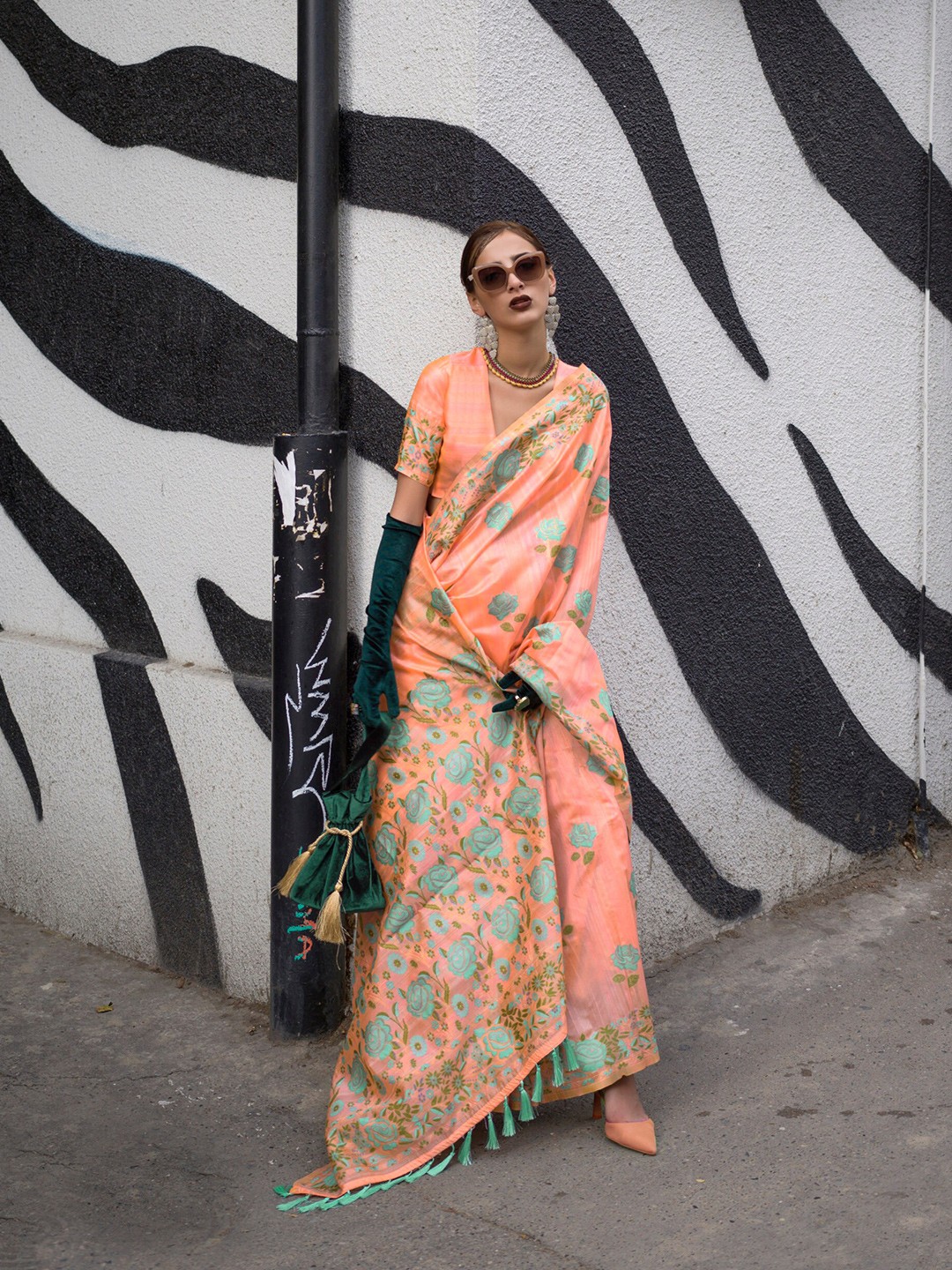 

Mitera Floral Zari Silk Blend Saree, Orange