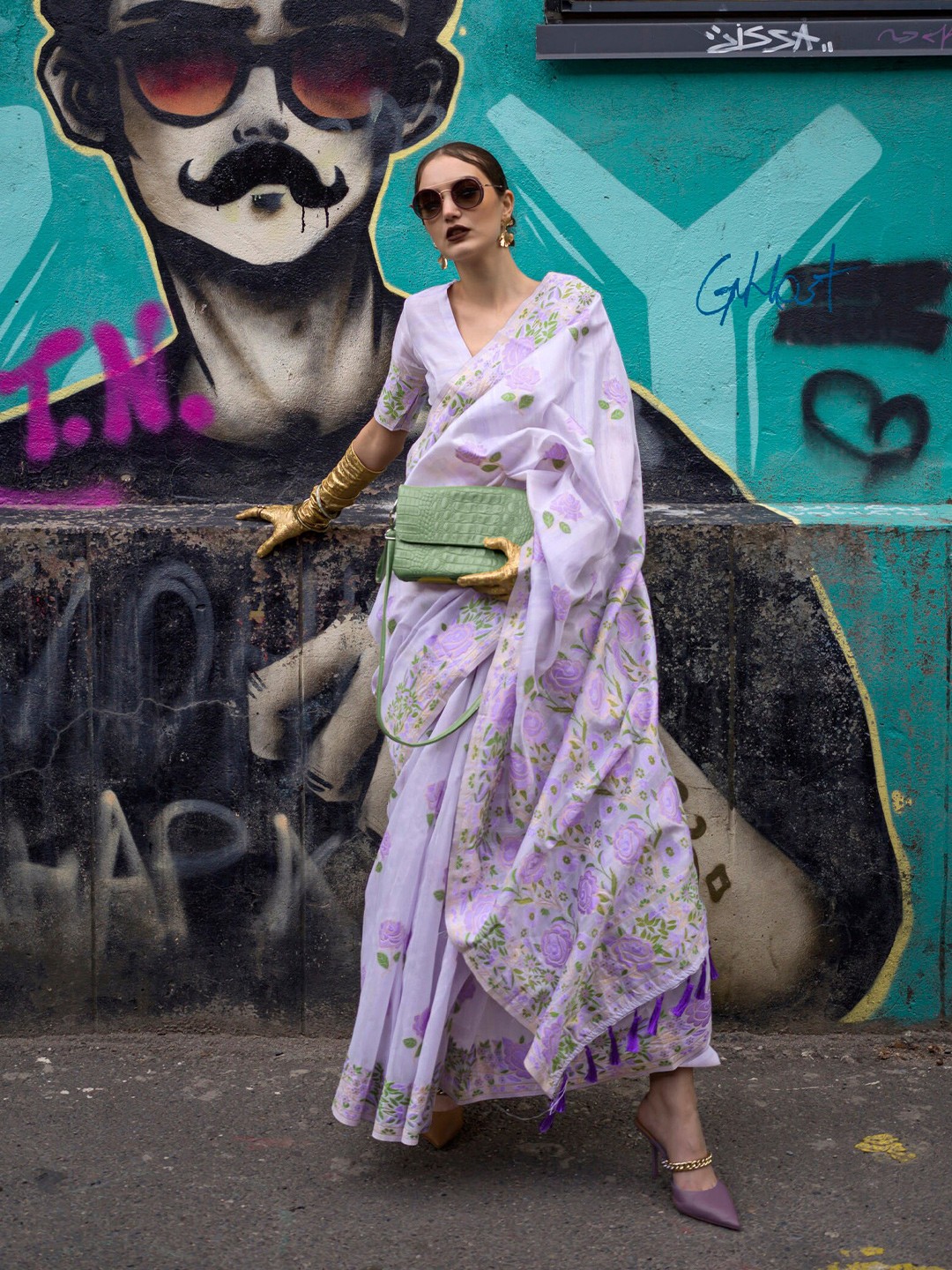 

Mitera Floral Zari Silk Blend Saree, Lavender