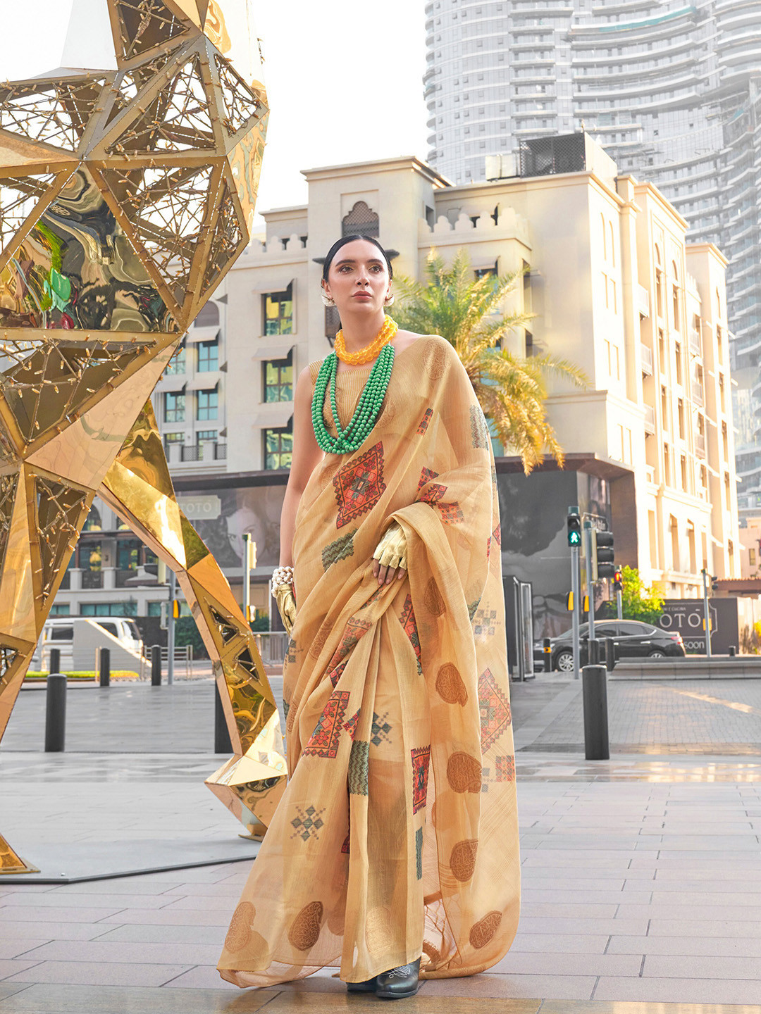 

Mitera Floral Zari Tissue Saree, Beige