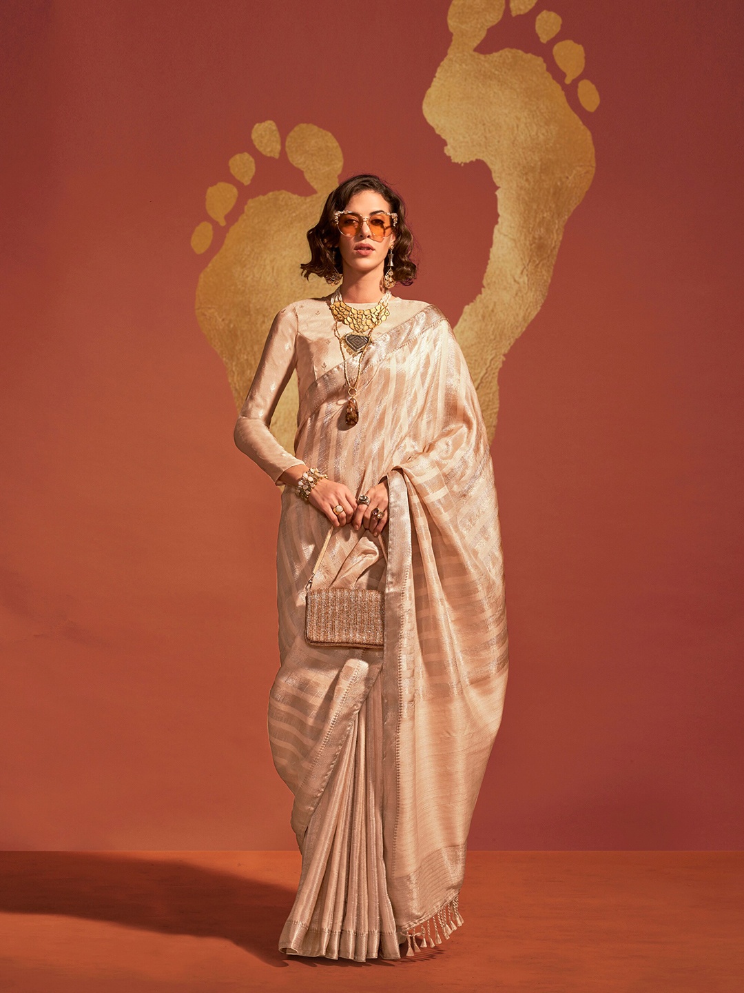 

Mitera Woven Design Zari Silk Blend Saree, Beige