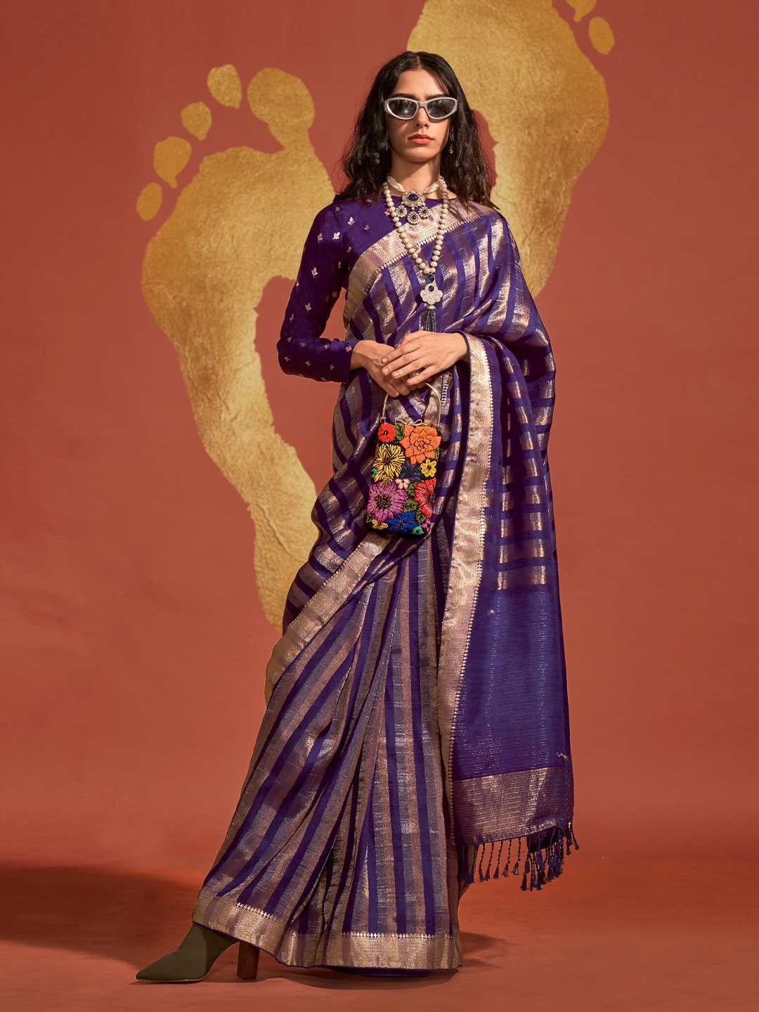 

Mitera Striped Zari Saree, Purple