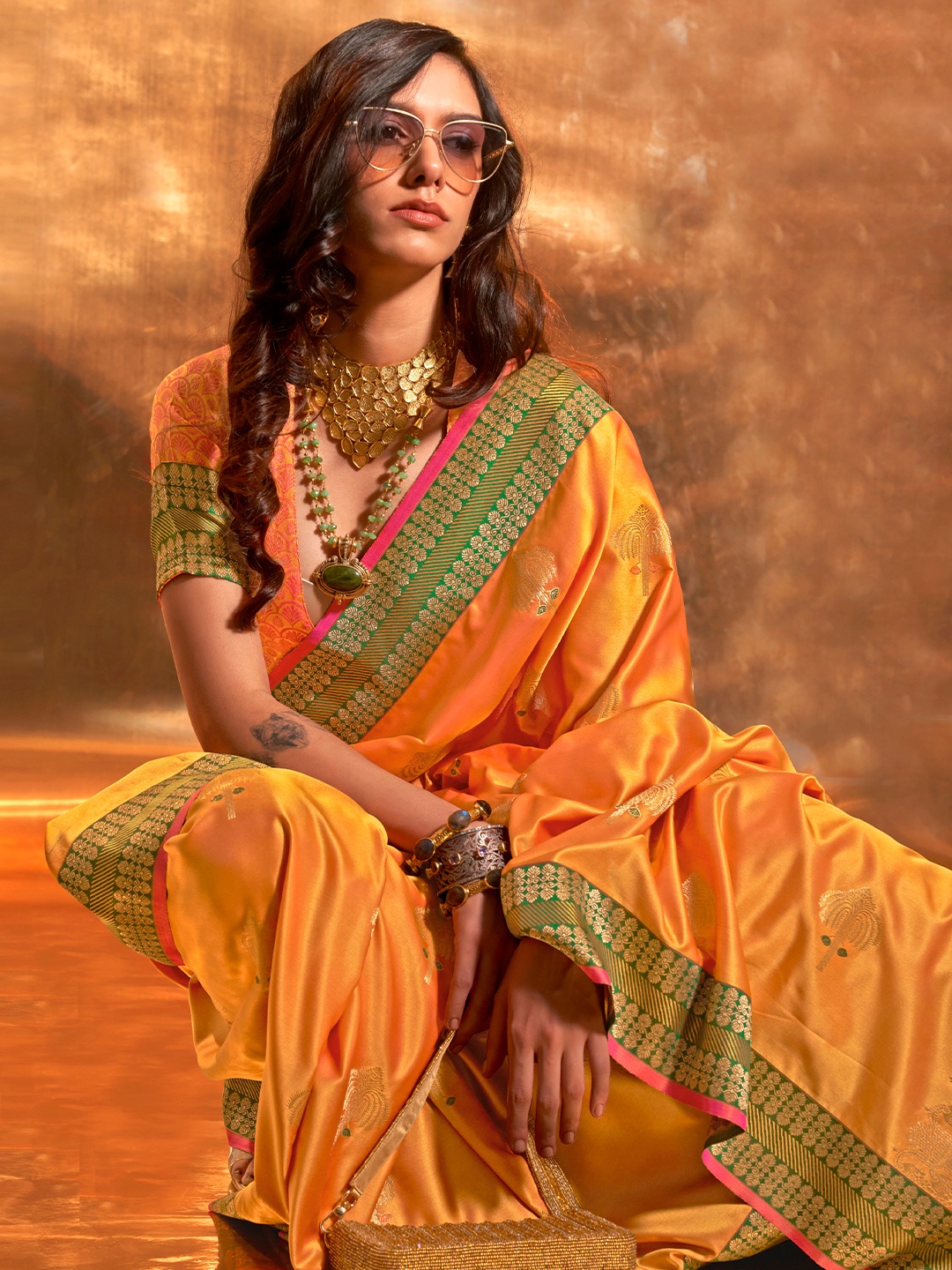 

Mitera Zari Silk Blend Banarasi Saree, Mustard