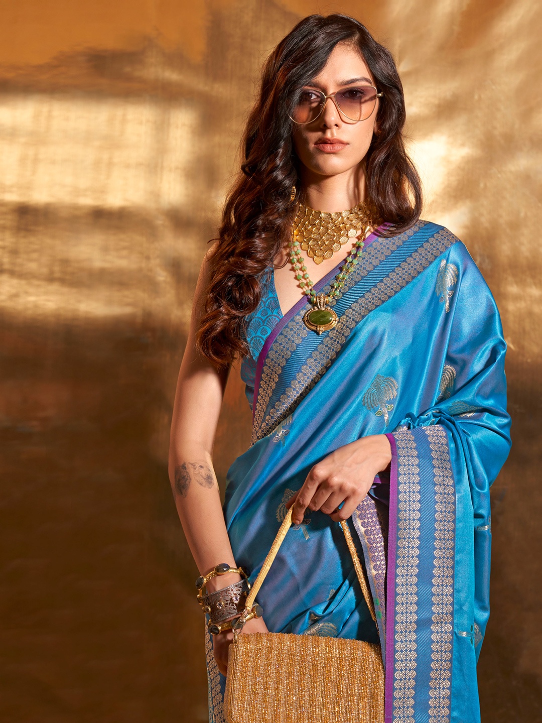 

Mitera Woven Design Zari Silk Blend Banarasi Saree, Blue
