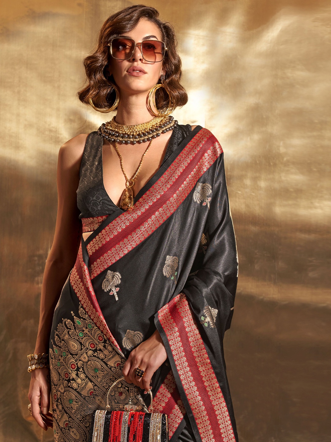 

Mitera Woven Design Zari Silk Blend Banarasi Saree, Black