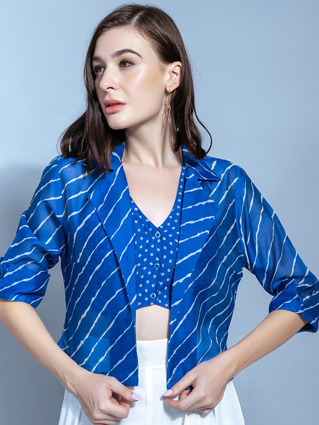 

GARDEN PARTY Vertical Striped Roll-Up Sleeves Crop Waist Coat with Blazer, Blue