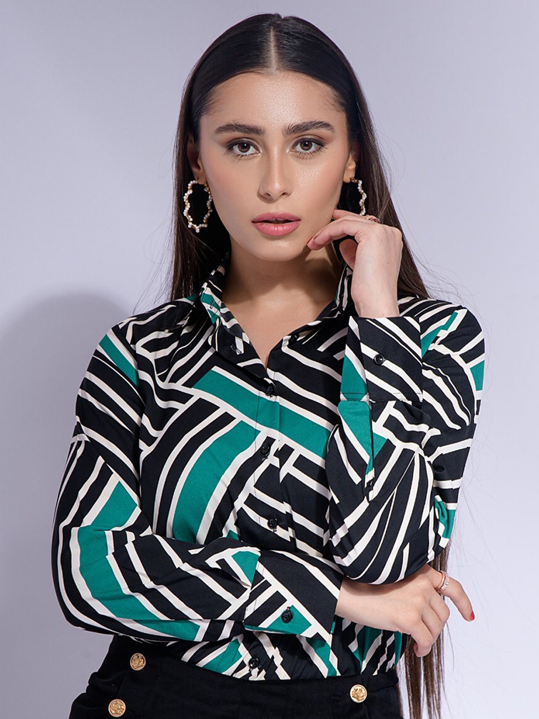

GARDEN PARTY Geometric Printed Satin Blouson Top, Black