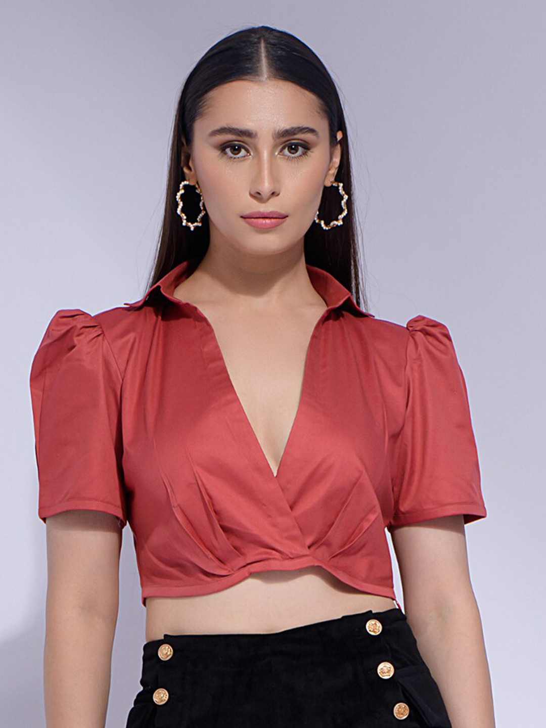 

GARDEN PARTY Shirt Collar Puff Sleeve Cotton Wrap Crop Top, Orange