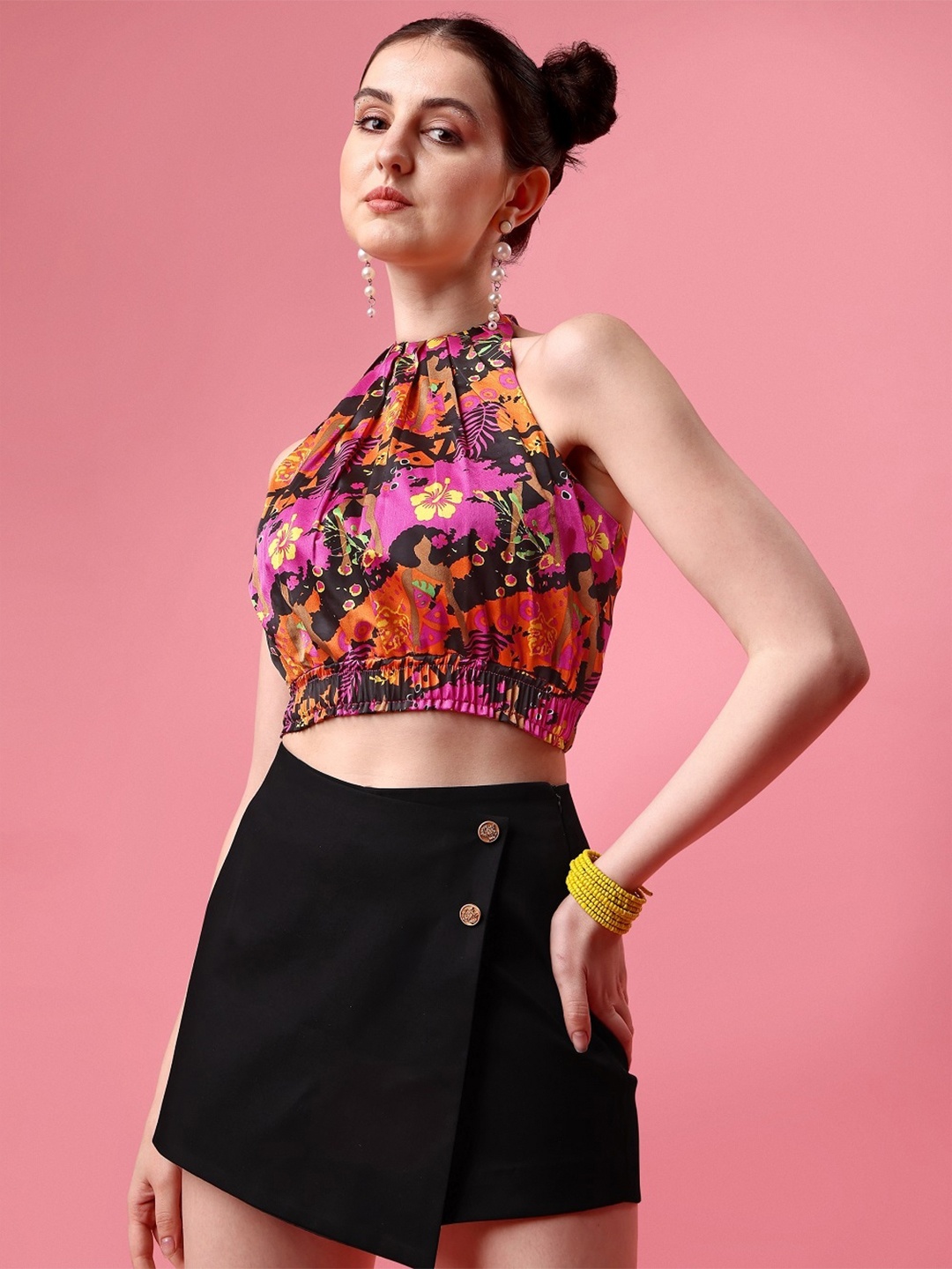 

GARDEN PARTY Floral Printed Tie-Up Neck Satin Crop Top, Black