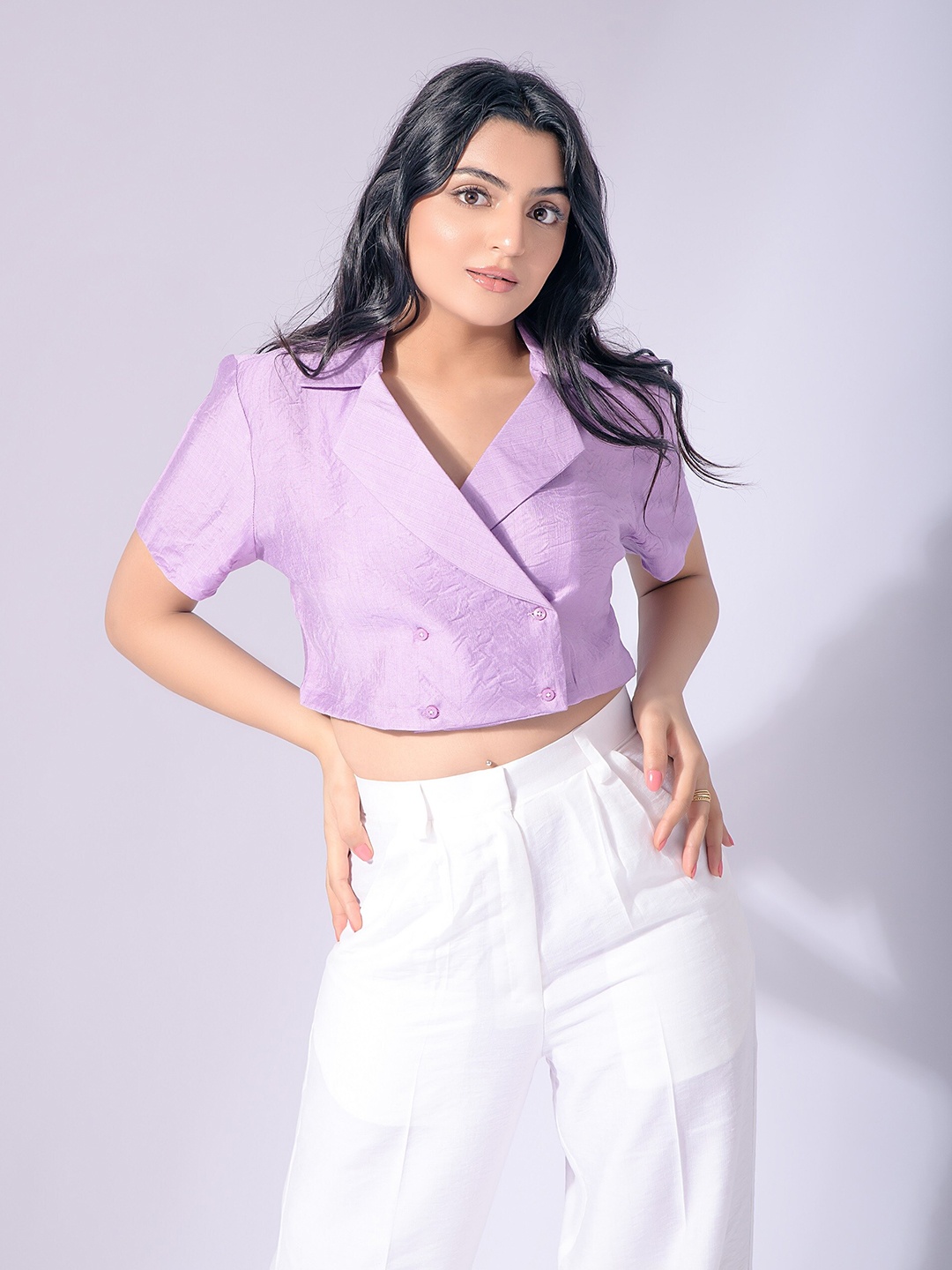 

GARDEN PARTY Satin Shirt Style Top, Violet