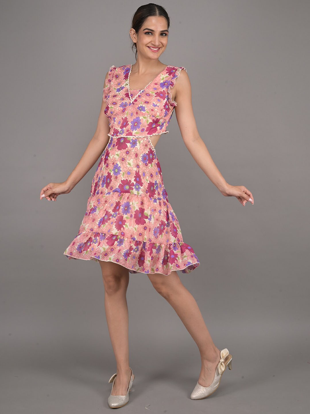 

ODETTE Floral Printed Tiered Fit & Flare Dress, Peach