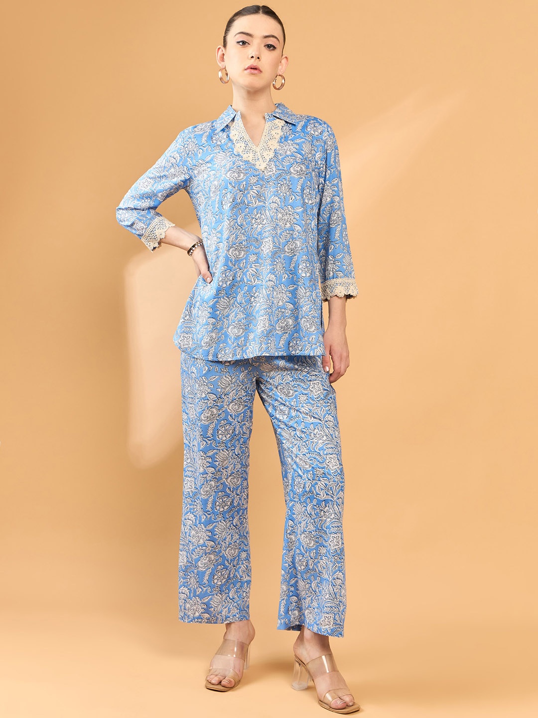 

all about you Floral Printed Shirt Collar Tunic With Trouser, Blue
