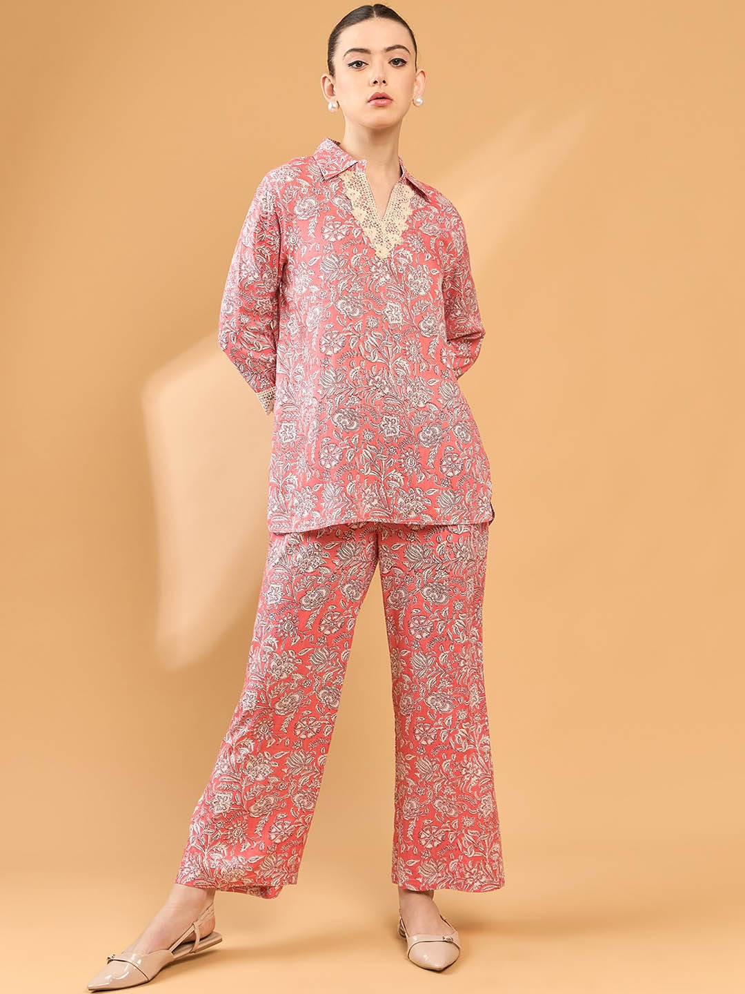 

all about you Floral Printed Shirt Collar Pure Cotton Tunic With Trouser, Pink