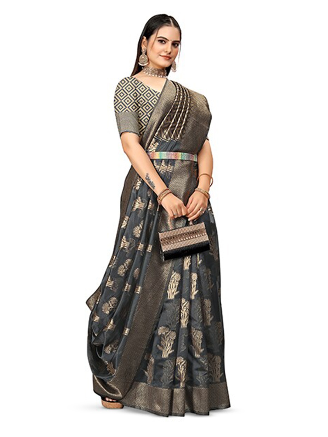 

Aagiri Woven Design Zari Organza Banarasi Saree, Grey