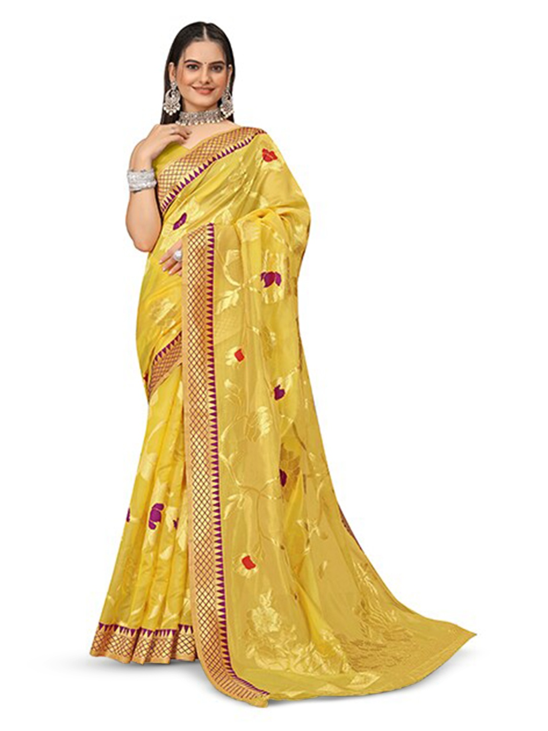 

Aagiri Woven Design Zari Organza Banarasi Saree, Yellow