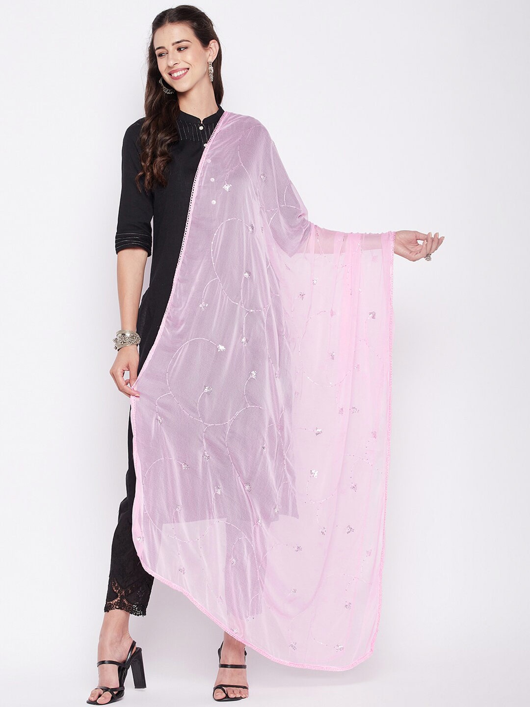 

Clora Creation Embroidered Dupatta with Sequinned, Pink