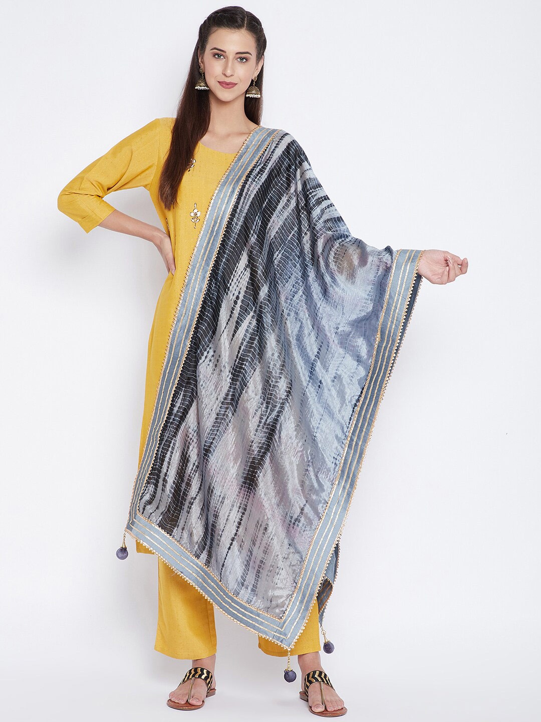 

Clora Creation Dyed Tie and Dye Dupatta with Gotta Patti, Grey
