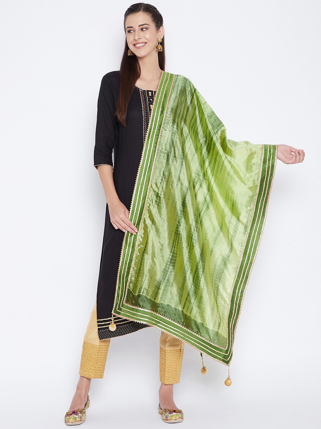 

Clora Creation Dyed Tie and Dye Dupatta with Gotta Patti, Green