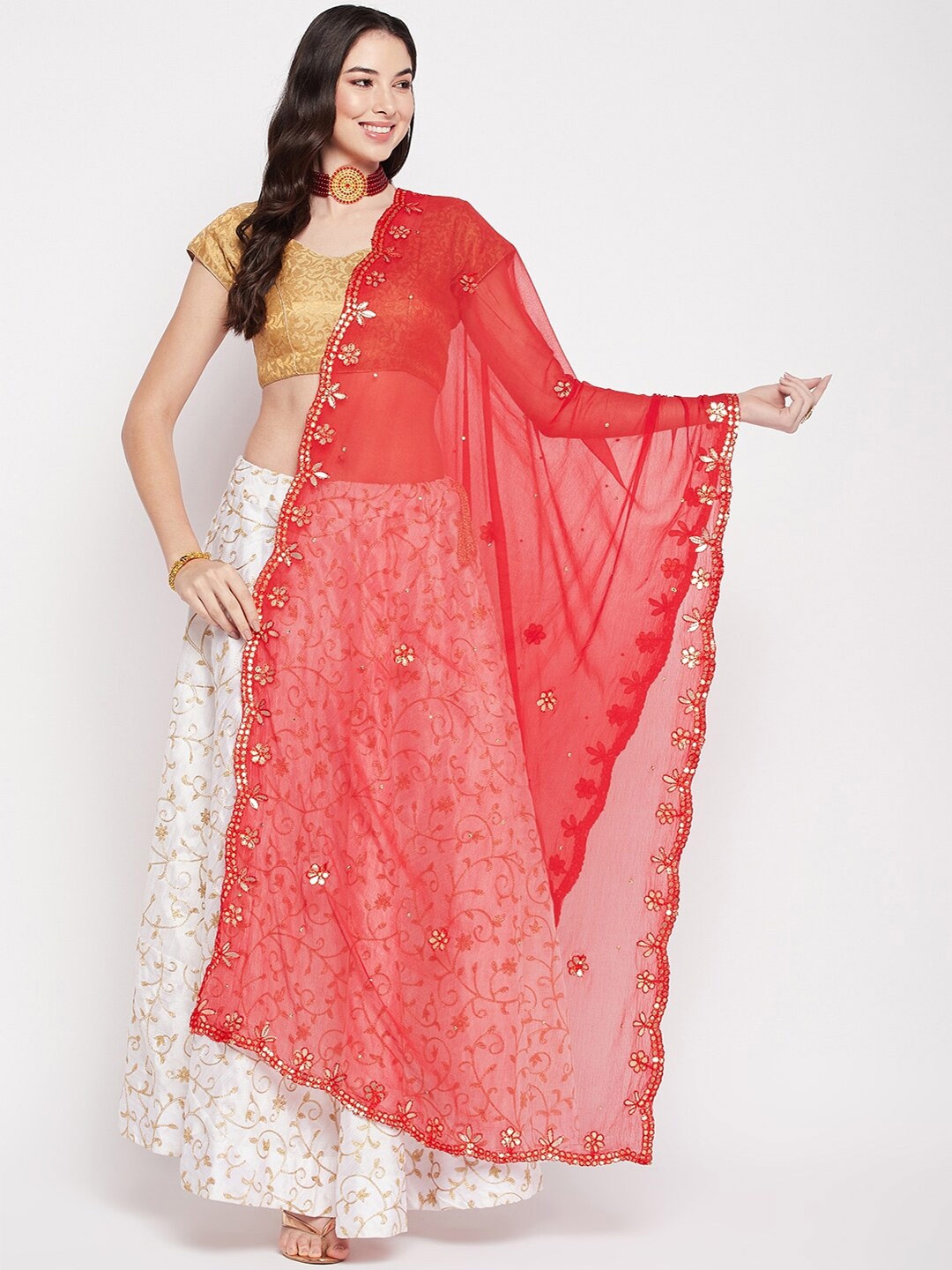 

Clora Creation Ethnic Motifs Embroidered Chiffon Dupatta with Gotta Patti, Red