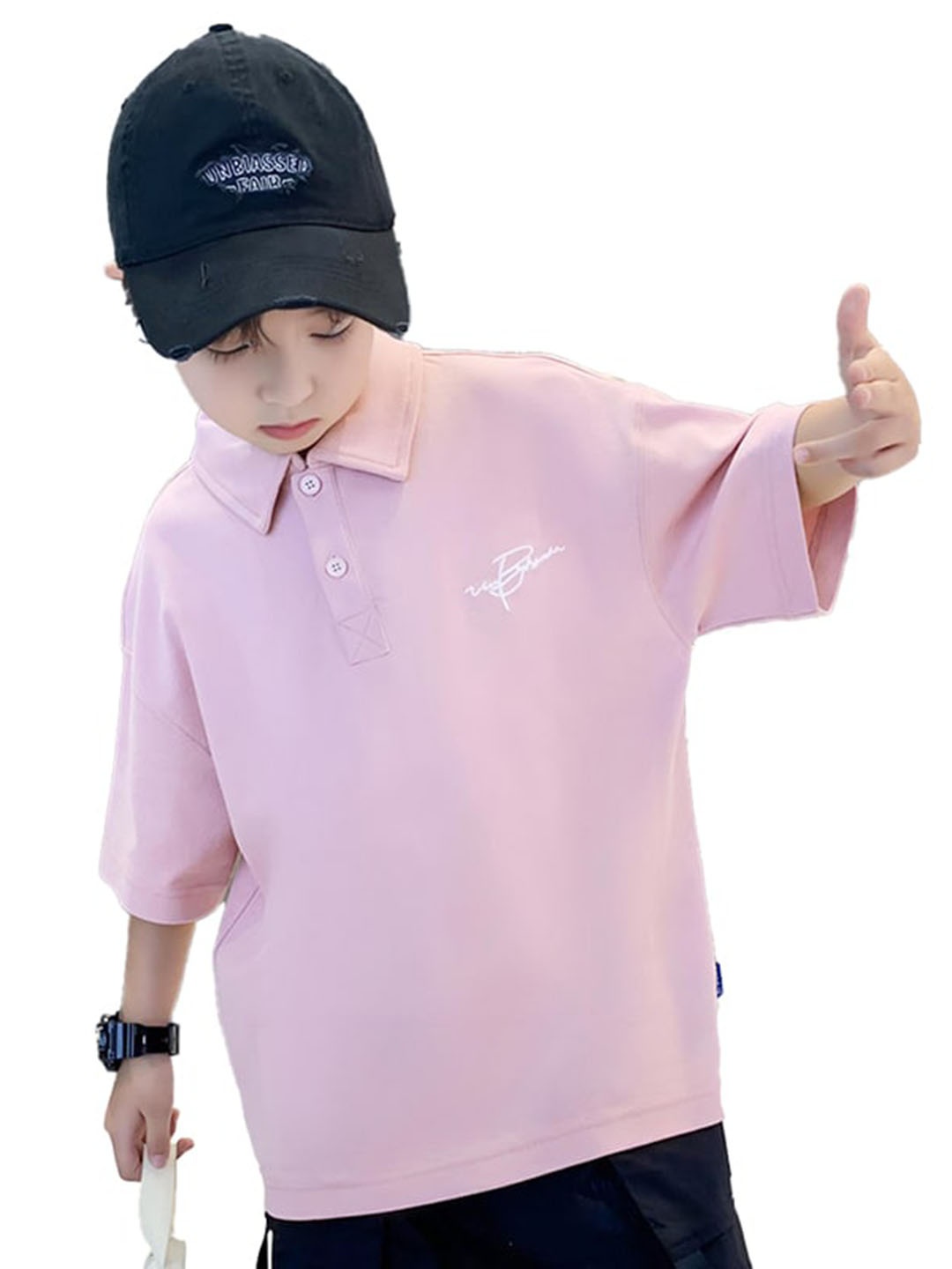 

StyleCast x Revolte Polo Collar Drop-Shoulder Sleeves Cotton Casual T-shirt, Pink