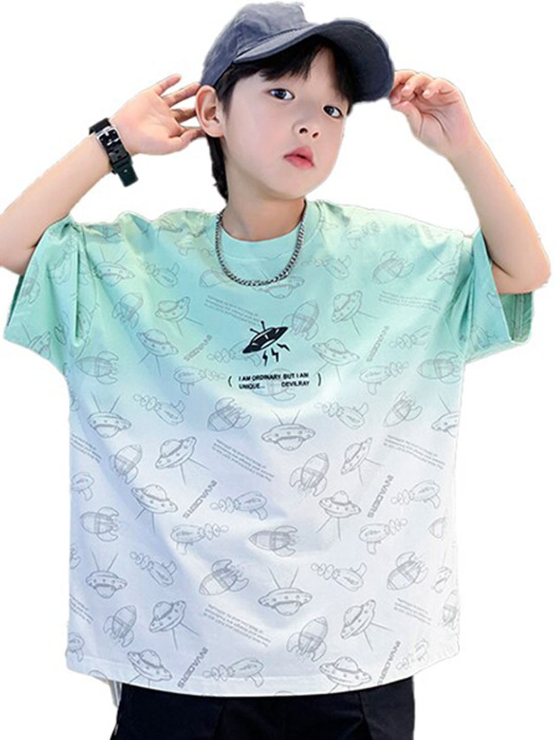 

StyleCast x Revolte Boys Conversational Printed Drop-Shoulder Sleeves Cotton T-shirt, Green