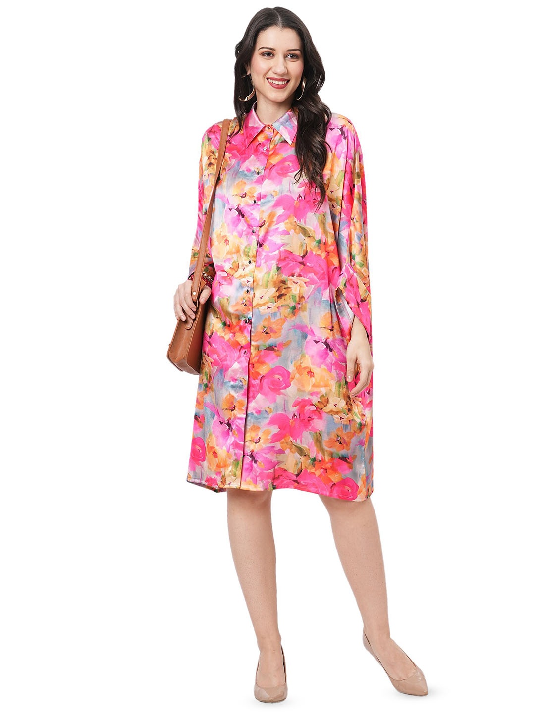 

Hashtag Be Floral Printed Batwing Sleeves Satin Shirt Dress, Pink