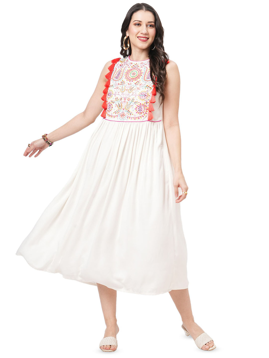 

Hashtag Be Ethnic Motifs Embroidered Sleeveless A-Line Midi Dress, Off white