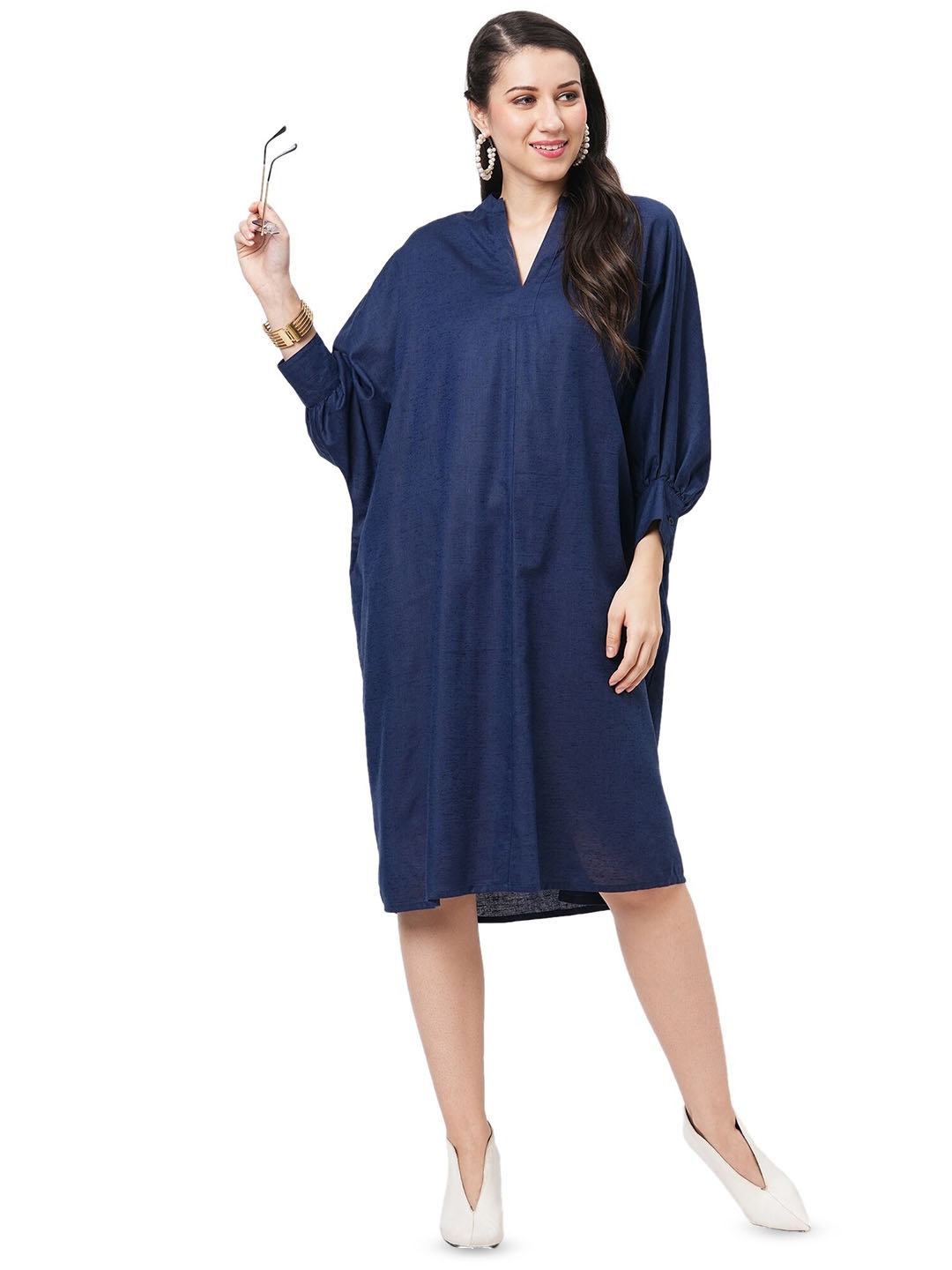 

Hashtag Be Band Collar Batwing Sleeves Cotton A-Line Dress, Navy blue