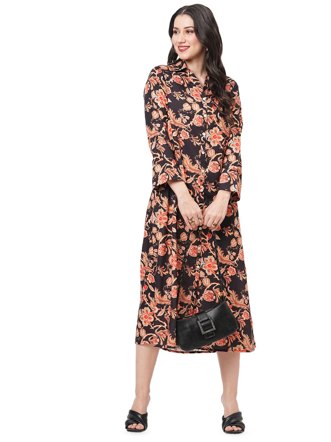 

Hashtag Be Floral Printed Shirt Collar Shirt Midi Dress, Black