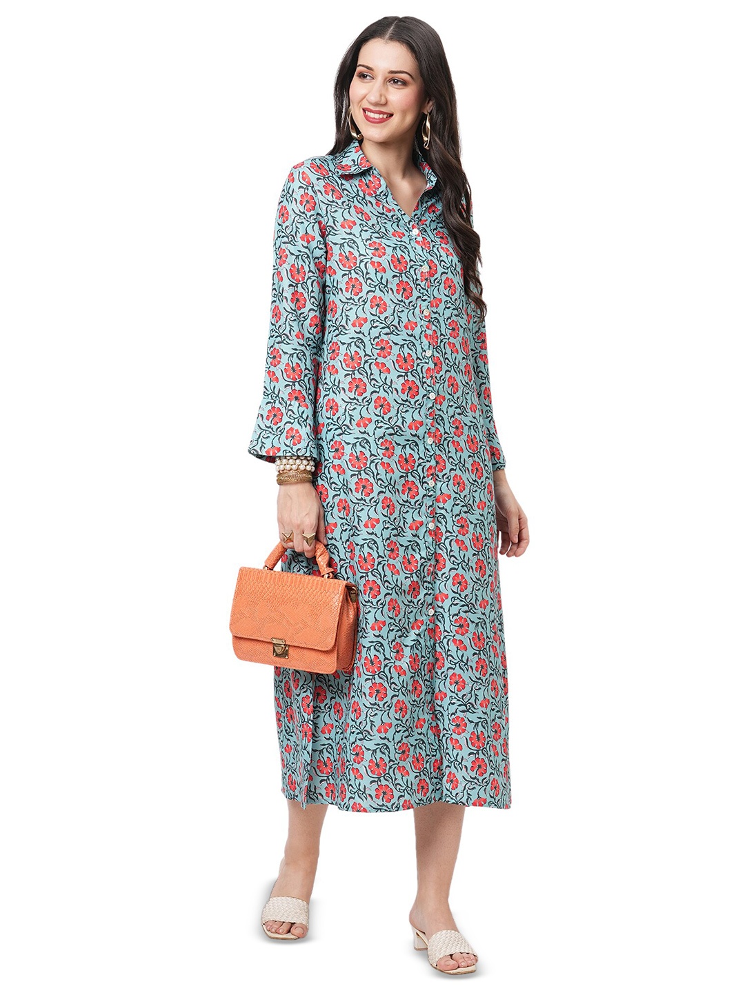 

Hashtag Be Floral Printed Shirt Midi Dress, Teal