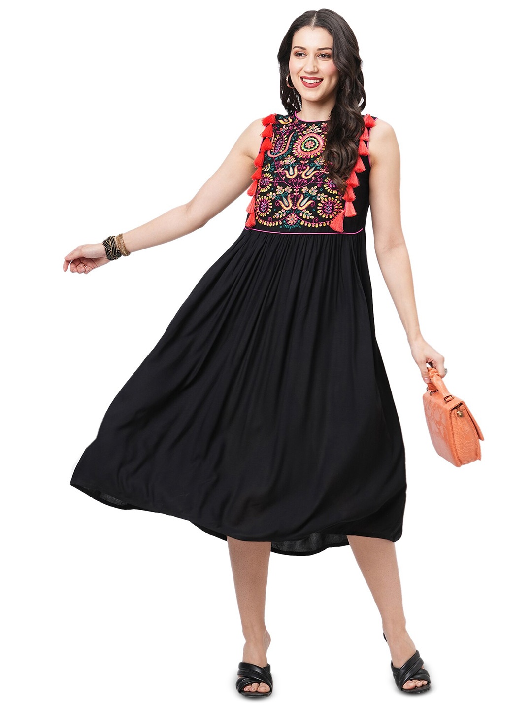 

Hashtag Be Ethnic Motifs Embroidered Sleeveless A-Line Midi Dress, Black