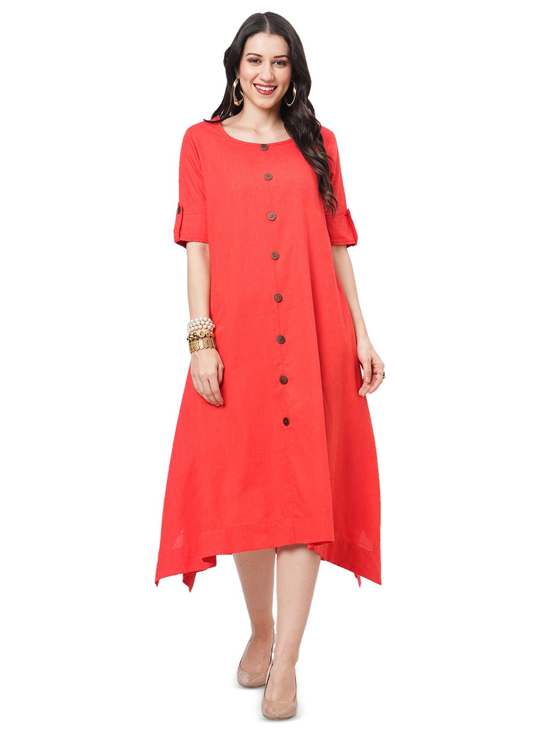 

Hashtag Be Roll Up Sleeves Cotton Linen Asymmetric A-Line Midi Dress, Coral