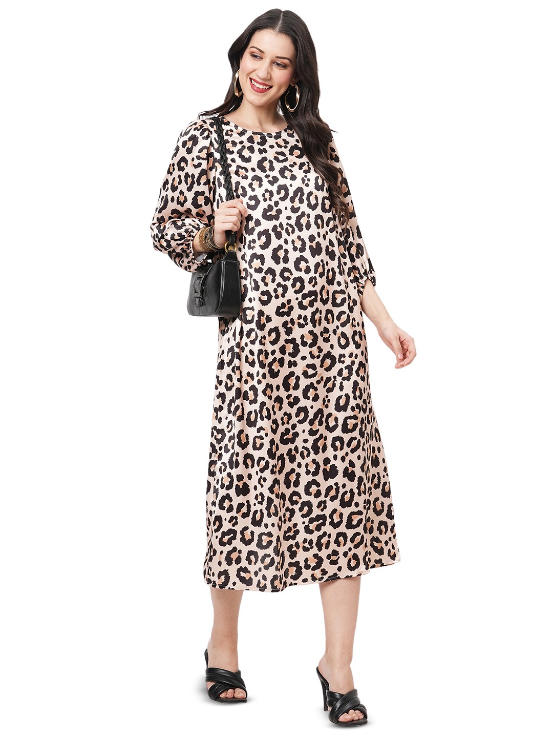 

Hashtag Be Animal Printed Puff Sleeves Satin A-Line Midi Dress, Brown