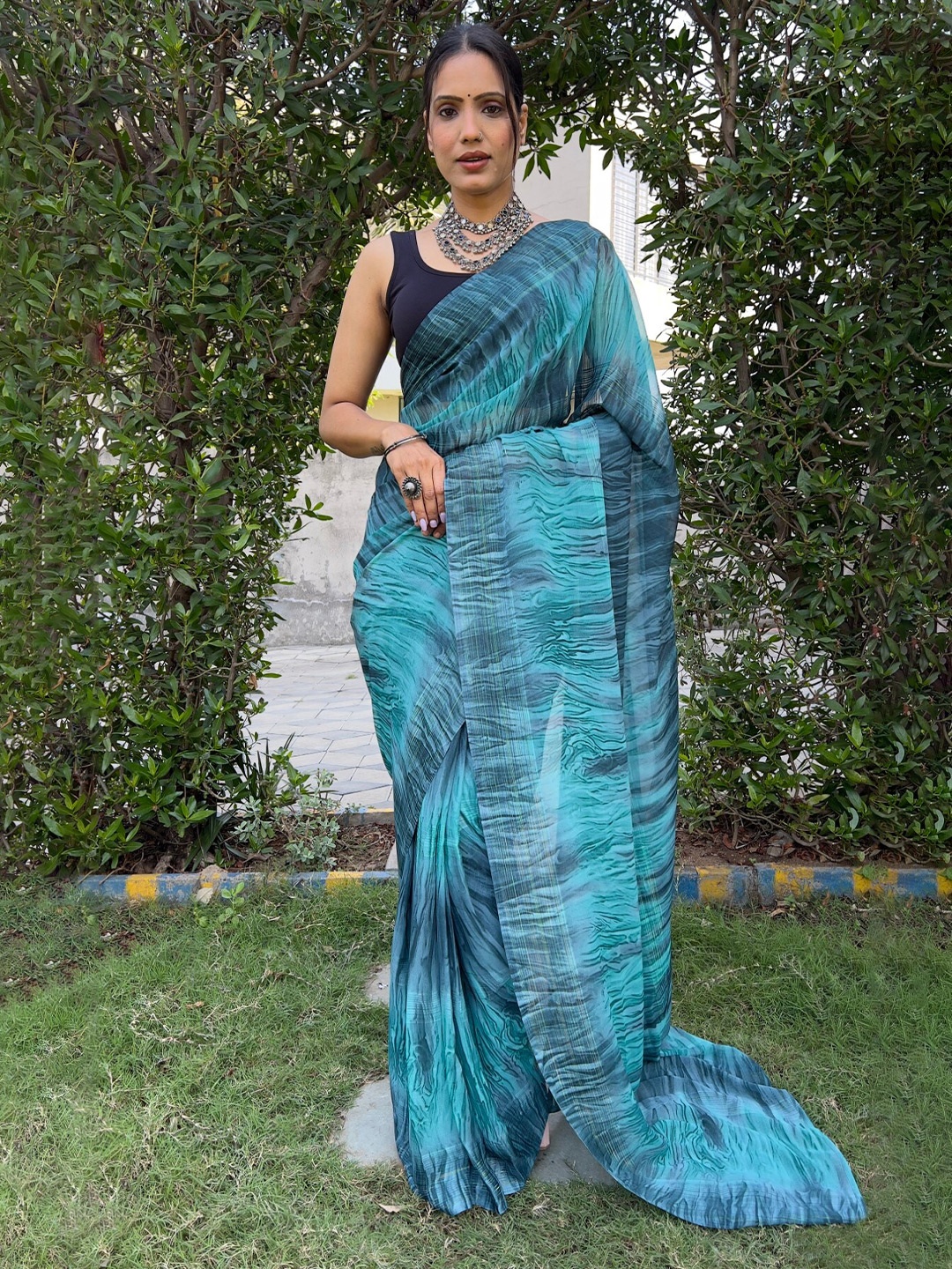 

LeeliPeeri Designer Tie and Die Silk Blend Ready to Wear Saree, Teal