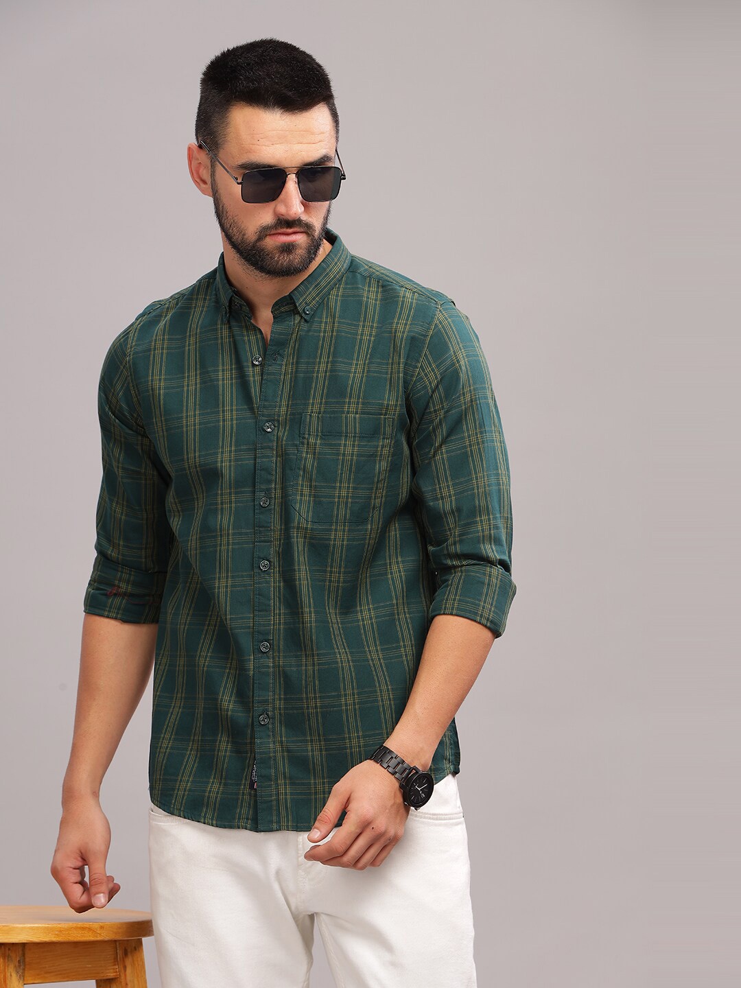 

PAUL STREET Standard Slim Fit Tartan Checked Cotton Casual Shirt, Green