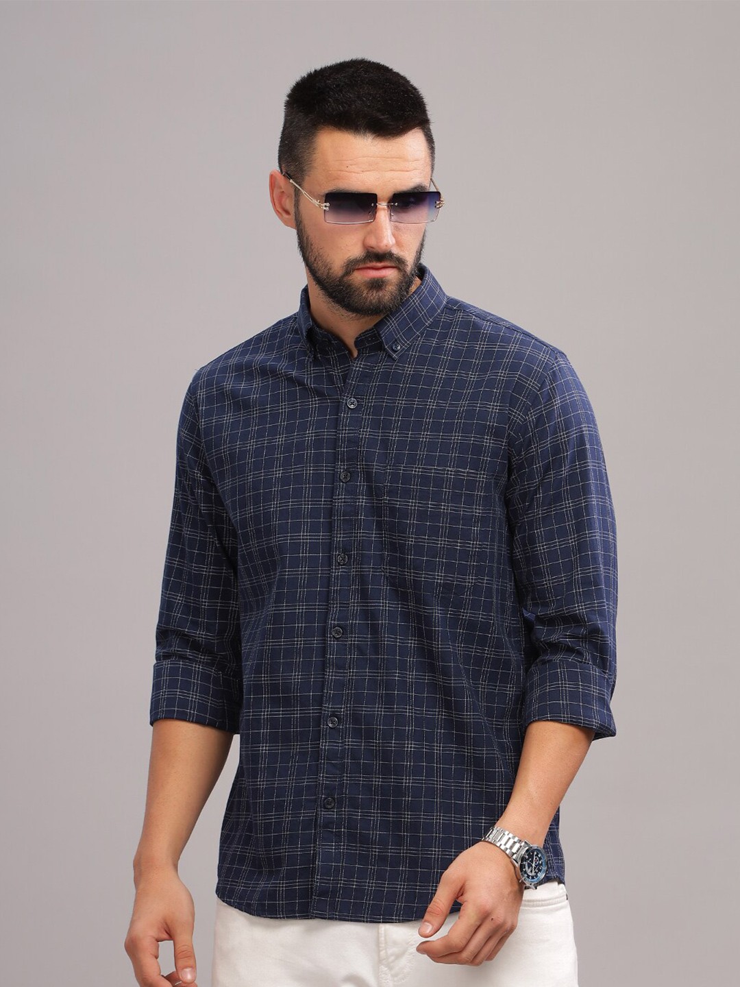 

PAUL STREET Standard Slim Fit Grid Tattersall Checked Cotton Casual Shirt, Navy blue