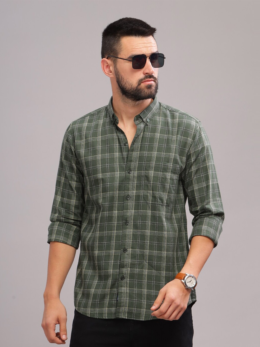 

PAUL STREET Standard Slim Fit Tartan Checked Cotton Casual Shirt, Olive