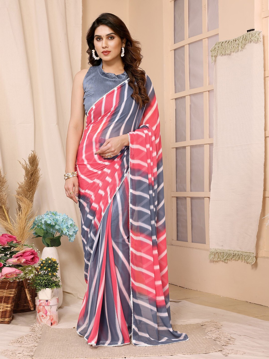 

LeeliPeeri Designer Striped Embroidered Poly Georgette Ready to Wear Saree, Magenta