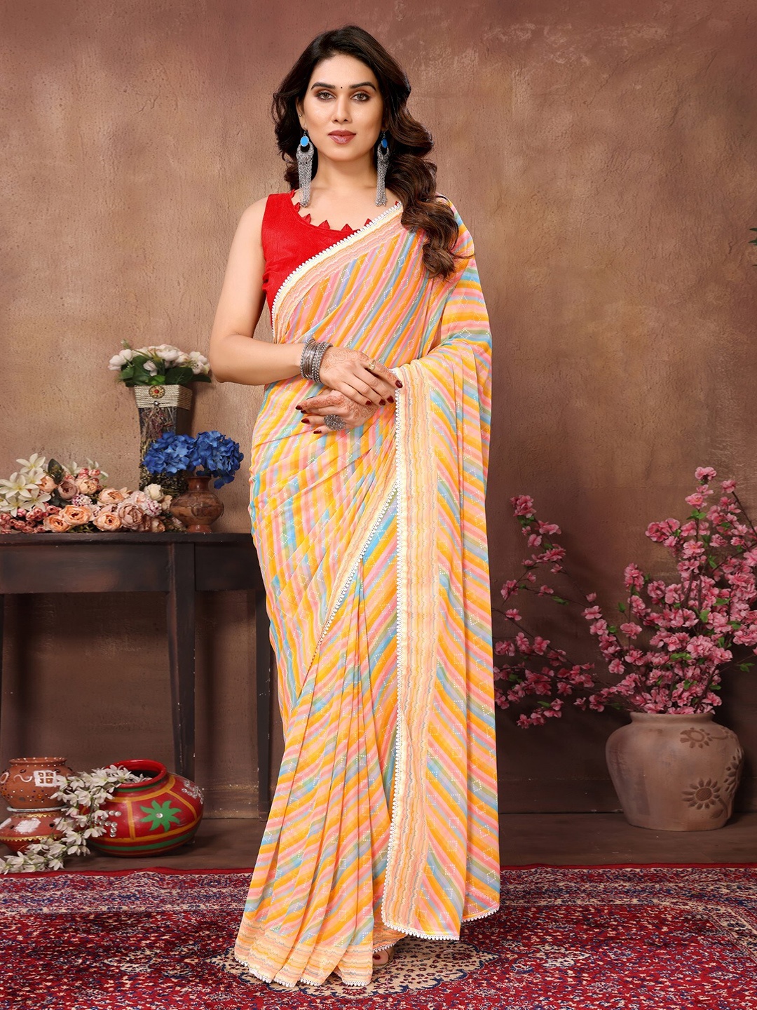 

LeeliPeeri Designer Striped Poly Georgette Ready to Wear Saree, Orange