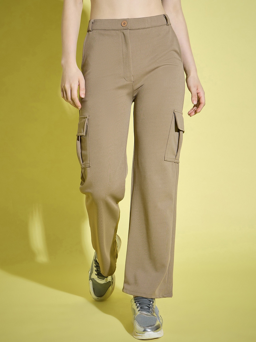

BUY NEW TREND Women Comfort Straight Fit High-Rise Wrinkle Free Cargos Trousers, Beige