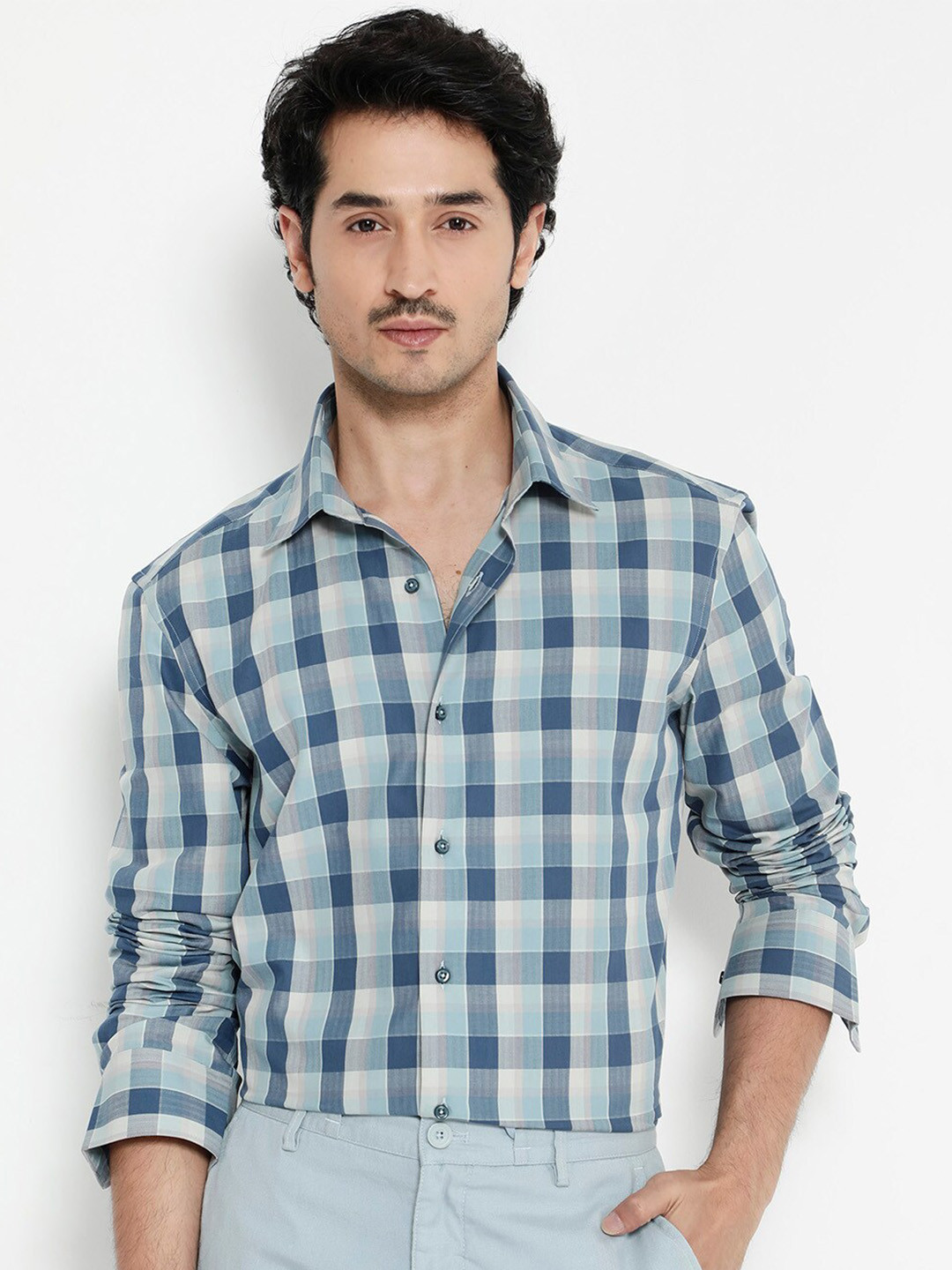 

RARE RABBIT Men Mac Regular Fit Buffalo Checked Opaque Shirt, Blue