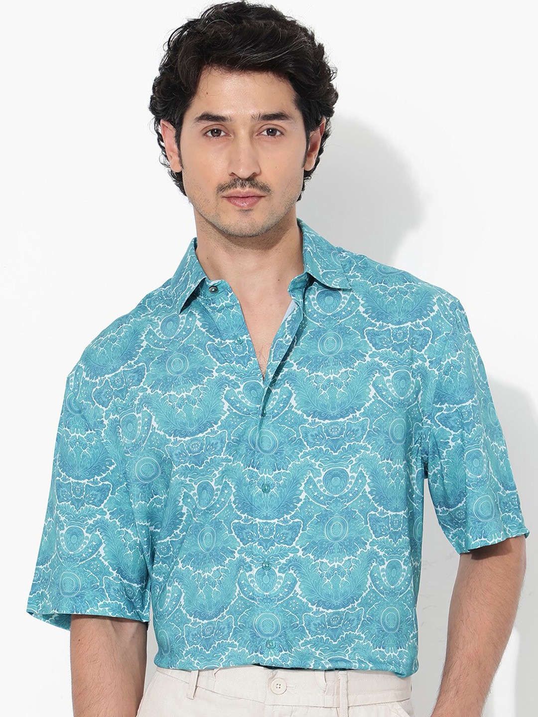 

RARE RABBIT Men Picano Regular Fit Printed Spread Collar Shirt, Turquoise blue