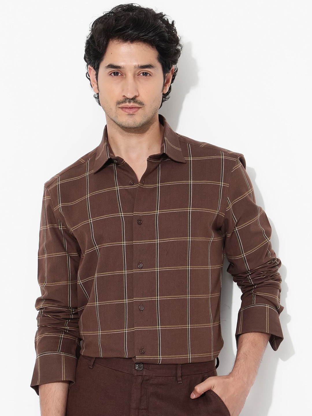 

RARE RABBIT Men Penza Regular Fit Windowpane Checks Opaque Checked Shirt, Brown