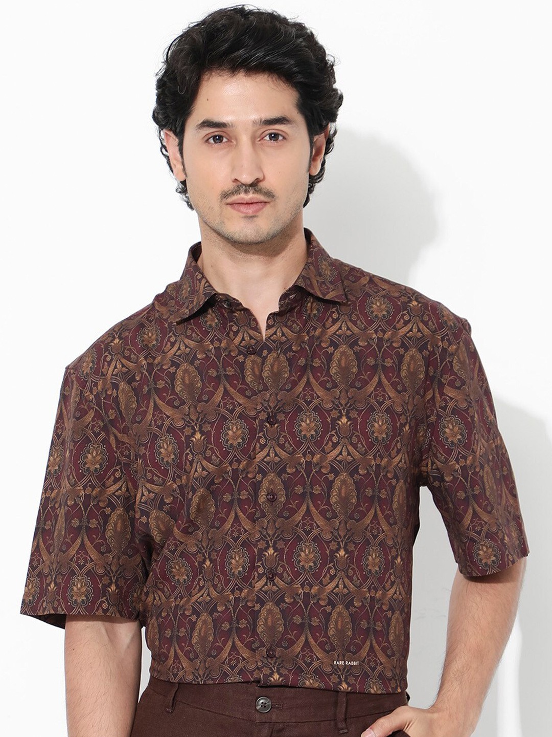 

RARE RABBIT Men Andin Boxy Opaque Ethnic Motifs Printed Shirt, Brown
