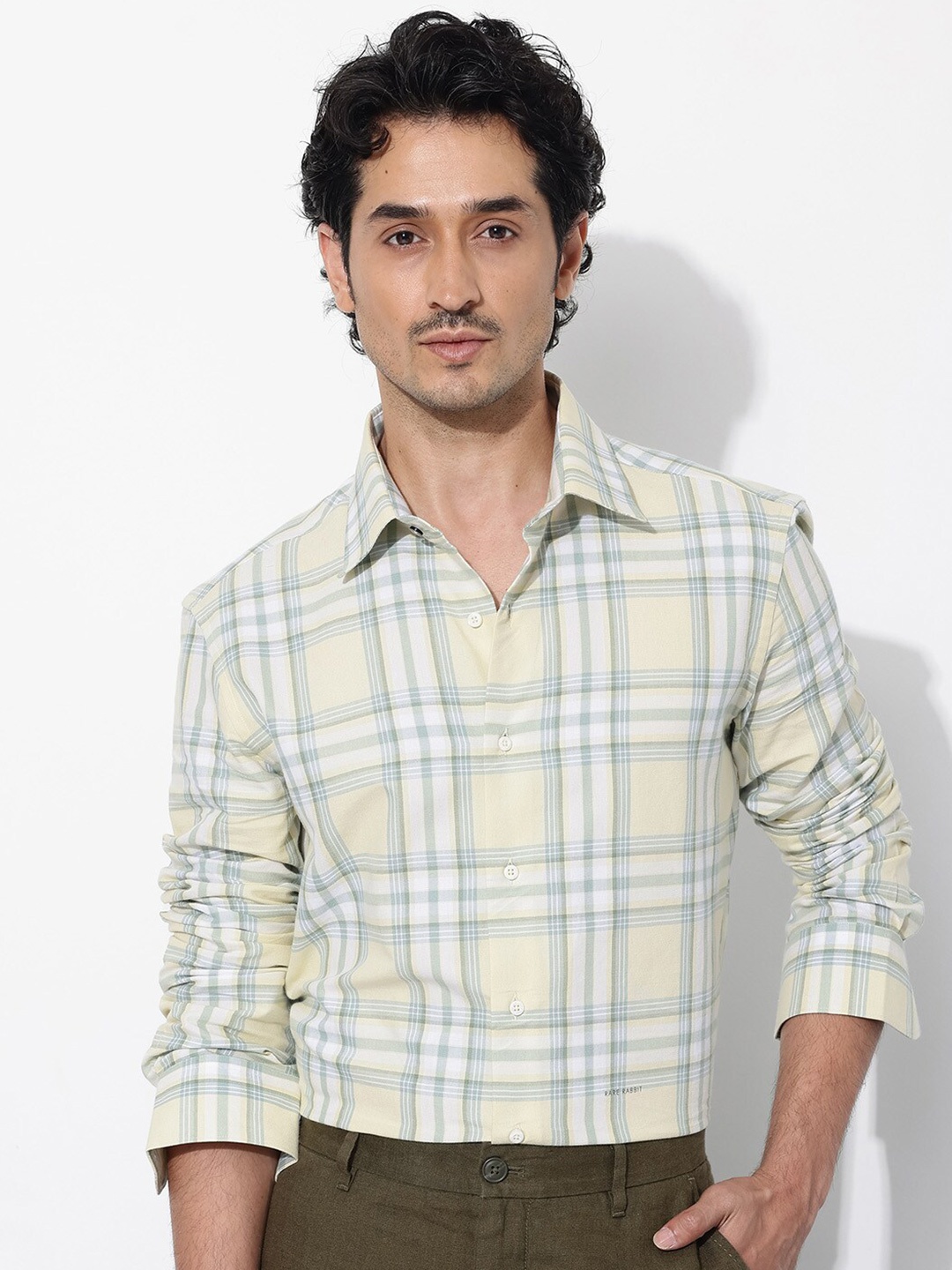 

RARE RABBIT Men Novelo Regular Fit Tartan Checked Opaque Shirt, Yellow